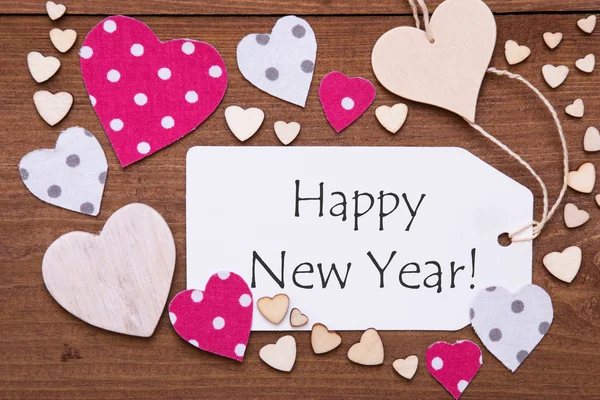 Etiqueta con el corazón rosado, Texto Feliz Año Nuevo —  Fotos de Stock