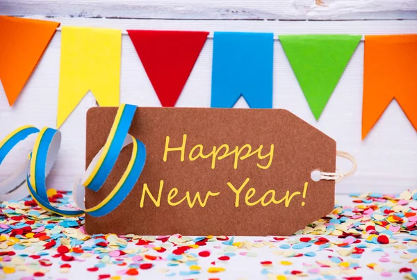 Etichetta con la decorazione del partito, testo felice anno nuovo — Foto Stock