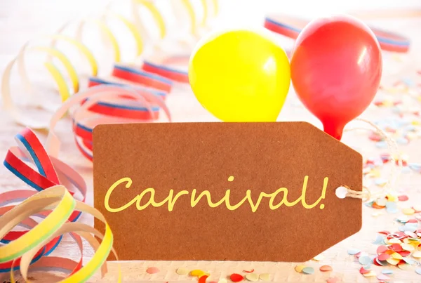 Etiqueta de festa, Streamer e balão, carnaval de texto amarelo — Fotografia de Stock