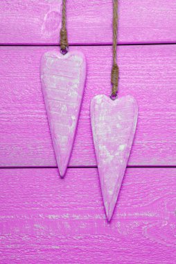 Two Hearts With Copy Space, Pink Wooden Background, Vertical Image