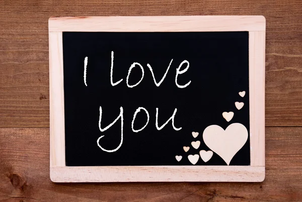 Blackboard With Wooden Hearts, Text I Love You — 图库照片