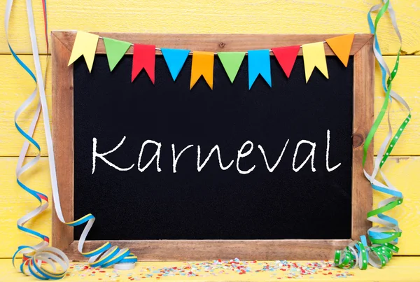 Chalkboard With Party Decoration, Text Karneval Means Carnival — Stock Fotó