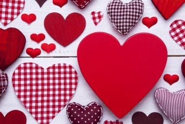 Red Hearts Texture On White Wooden Background, Copy Space, Macro