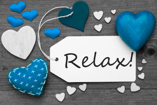 Black And White Label With Blue Hearts, Text Relax — Zdjęcie stockowe