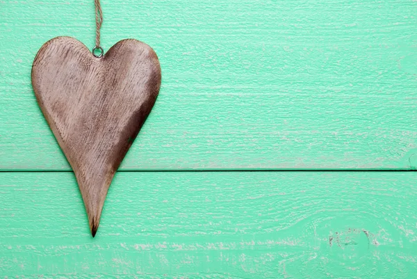 One Heart With Copy Space, Green Wooden Background — Stok fotoğraf