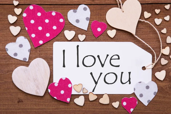 Etykieta z różowego serca, tekst I Love You — Zdjęcie stockowe