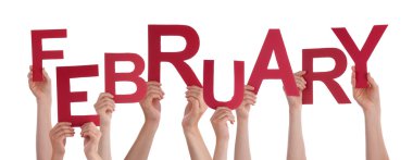 Many People Hands Holding Red Word February