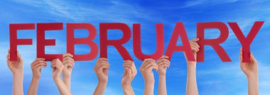 Many People Hands Holding Red Straight Word February Blue Sky