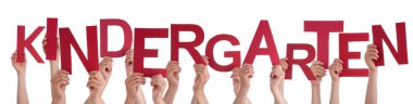 Many People Hands Holding Red Word Kindergarten
