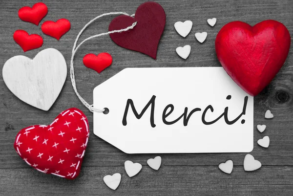 Black And White Label, Red Hearts, Merci Means Thank You — Stock fotografie