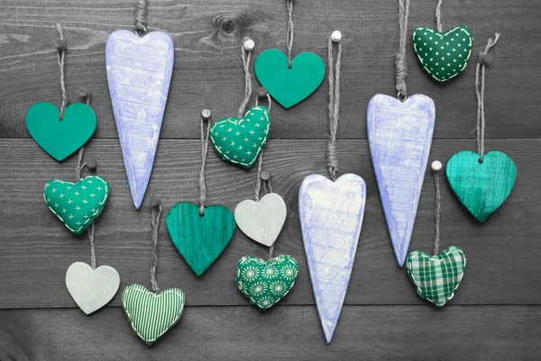 Turquoise Hearts For Valentines Daecoration, Black And White Image — Stock Photo, Image