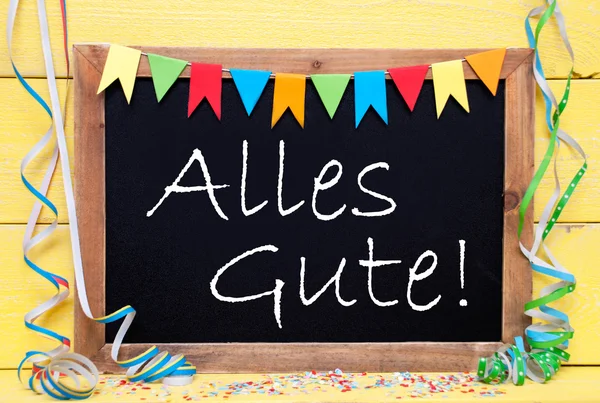 Kreidetafel mit Parteidekoration, Text alles Gute bedeutet gute Wünsche — Stockfoto