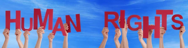 People Hands Holding Red Word Human Rights Blue Sky — Stok fotoğraf