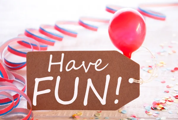Party-Etikett mit Luftschlange und Luftballon, Text viel Spaß — Stockfoto
