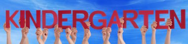 Many People Hands Holding Red Straight Word Kindergarten Blue Sk
