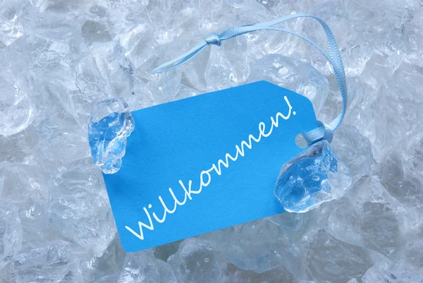 Label On Ice With Willkommen Means Welcome — Stockfoto