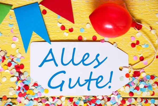 Лейбл вечеринки с воздушным шаром, текст Alles Gute означает поздравления, Макро — стоковое фото