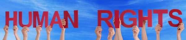 People Hands Holding Red Straight Word Human Rights Blue Sky — Stock Photo, Image