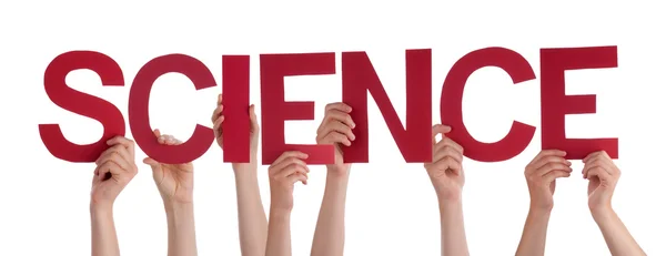 Many People Hands Holding Red Straight Word Science — ストック写真