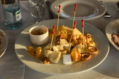 Beyaz bir tabakta farklı türde süt peyniri. Peynir karışımlı bir hayat. Sağlıklı ve lezzetli yemek geçmişi