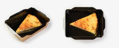 Etli patates güveci. Yiyecek dağıtım hizmetleri için bir konteynırda bir porsiyon.