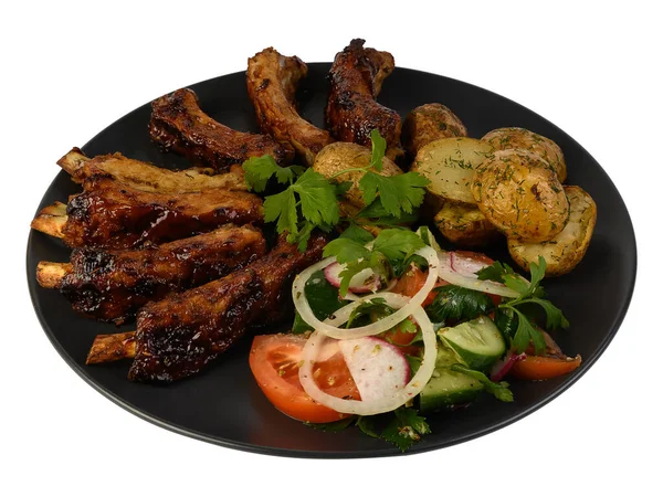 Close Gourmet Grilled Pork Rib Fried Potato Wedges Plate Sauce — Stock Photo, Image