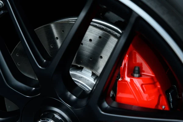 Close Car Wheel Red Brake Stock Picture