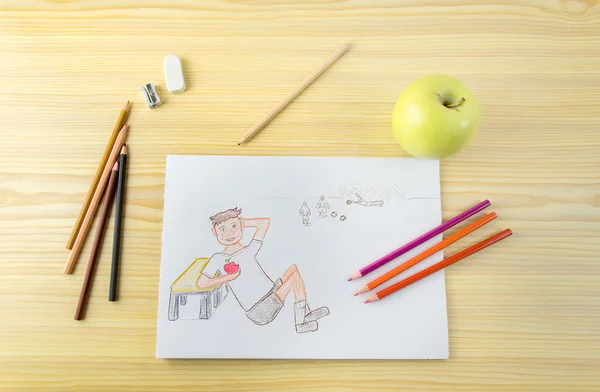 Dessin d'un enfant mangeant de la pomme — Photo