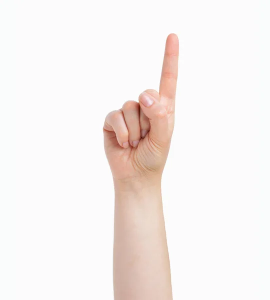女性手部的特写显示食指与白色背景的特写 — 图库照片
