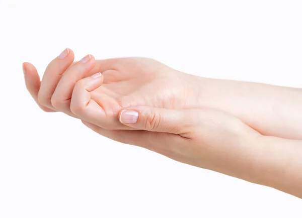 Close Mulheres Bonitas Mãos Esfregando Com Fundo Branco — Fotografia de Stock
