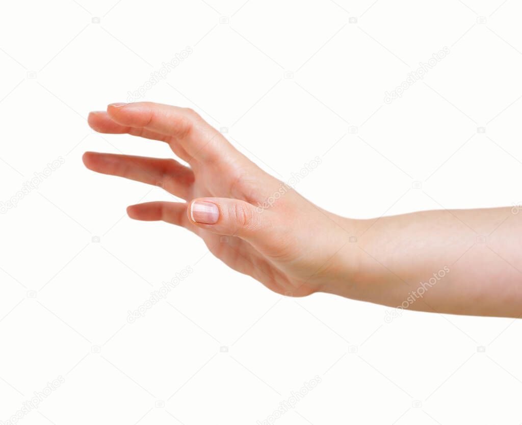 close up of a woman hand with gesture of catching against a white background