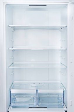 Empty Refrigerator with door open.Vertical photo and copy space clipart