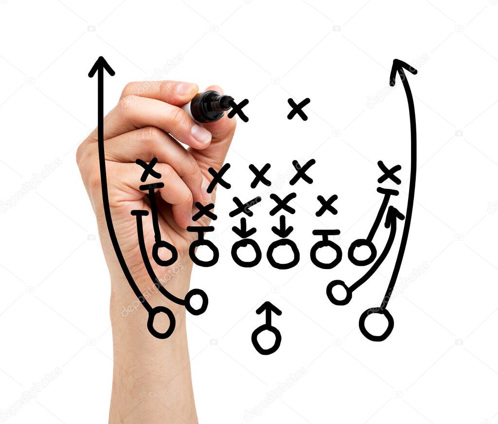 Coach drawing american football or rugby game playbook, strategy and tactics with black marker on white background.