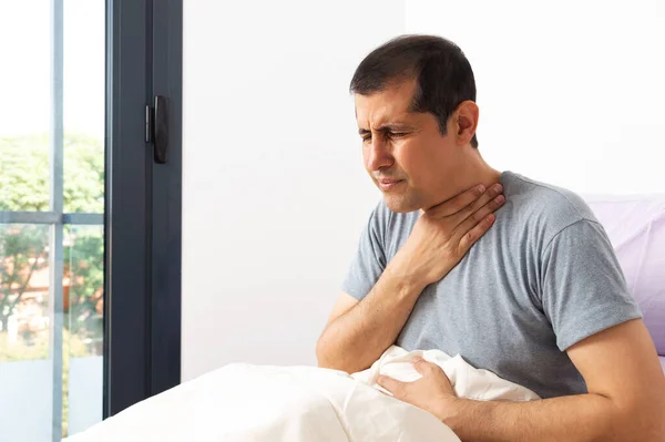 Shot Handsome Young Man Suffering Touching Painful Neck Sore Throat — Stock Photo, Image