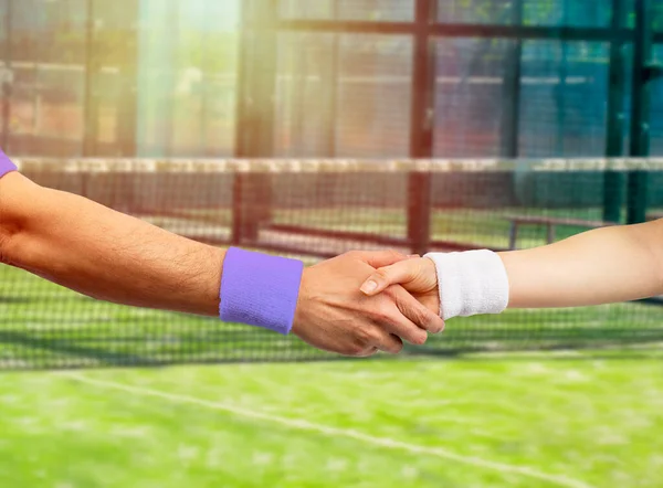 Cropped Shot Two Young Tennis Players Shaking Hands Together Outdoors — Stock Photo, Image