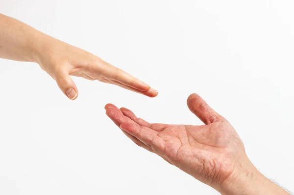 Women Hand Goes Man Hand White Background — Stock Photo, Image