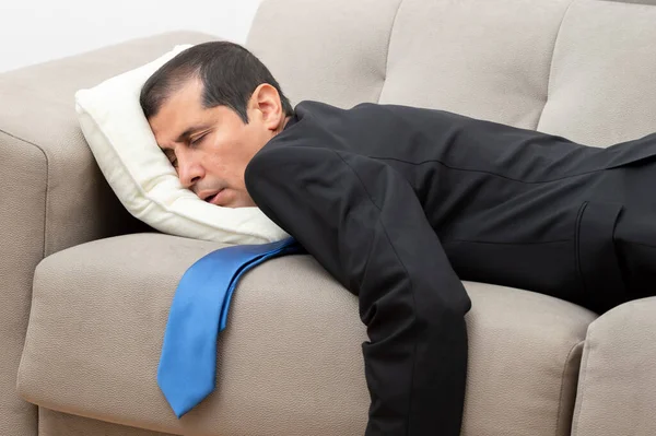 Tired Businessman Sleeping Lying Sofa Living Room Home Work — Stock Photo, Image