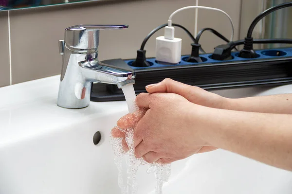 Close Unrecognizable Woman Washing Her Hands Plug Electrical Socket Bathroom — Stock Photo, Image