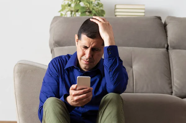 Single Sad Man Checking Mobile Phone Sitting Floor Living Room — Stock Photo, Image