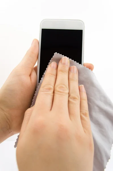 Cleaning my new smartphone — Stock Photo, Image