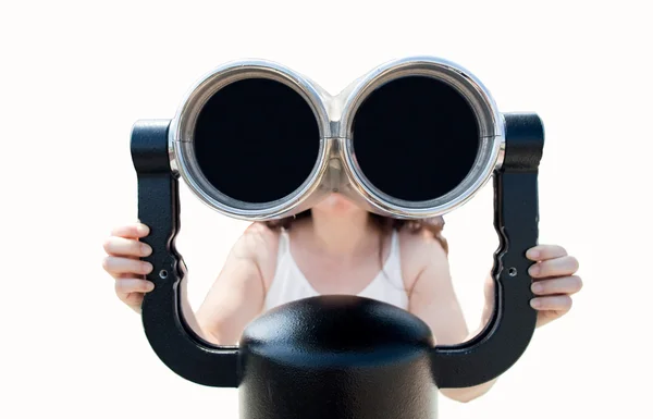 Girl looking through binoculars — Stock Photo, Image