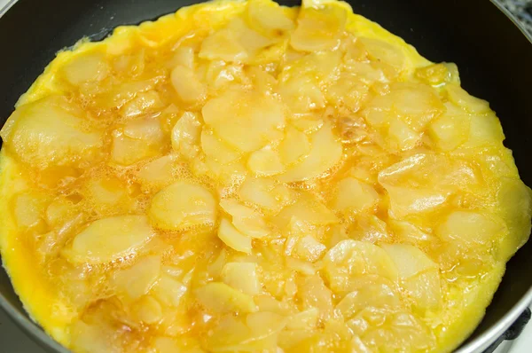 Closeup Preparation Spanish Omelette Frying Pan — Stock Photo, Image