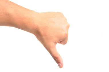 Başparmak aşağı beyaz kopya alanı ile izole el işaretleri