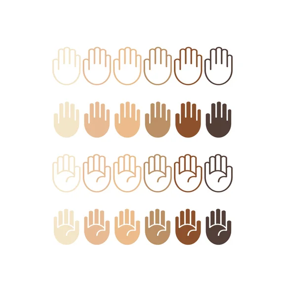 Ícones da palma da mão em diferentes tons de pele —  Vetores de Stock