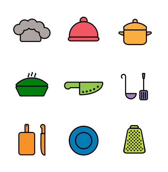 Cocina vectorial, restaurante e iconos culinarios. Gorra de chef, cloche, sartén, cuchillo, paleta, tabla de rejilla, cacerola, placa — Vector de stock