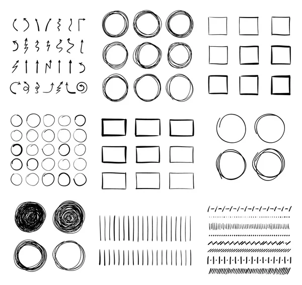 Big set of hand-drawn doodle design elements. Circles, arrows, lines, squares for your pen highlights — Stock Vector
