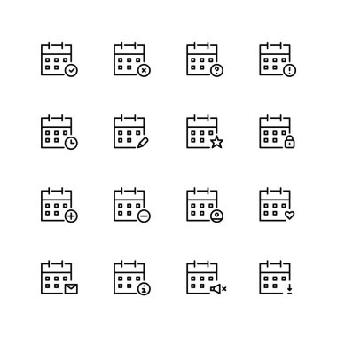 Takvim ve tarih simgeleri. Yeni bir olay ekle, favori, ithal, dilsiz ve diğer semboller. Piksel mükemmel, düzenlenebilir vuruş