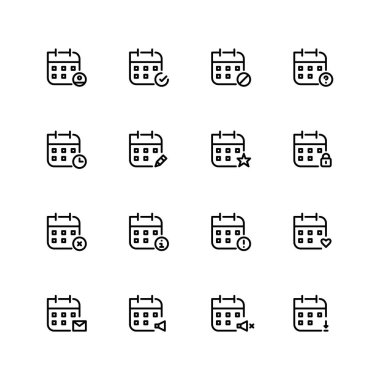 Takvim simgeleri. Yeni olay, bildirim, ihracat ve güvenlik ekleyin. Piksel mükemmel, düzenlenebilir vuruş