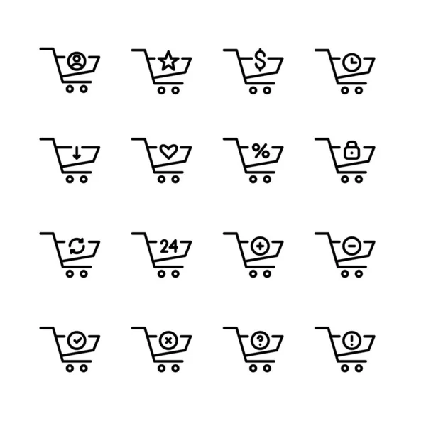 Conjunto de iconos de carrito de compras. Añadir, eliminar, nuevo, seguro y venta. Pixel perfecto, golpe editable. — Vector de stock