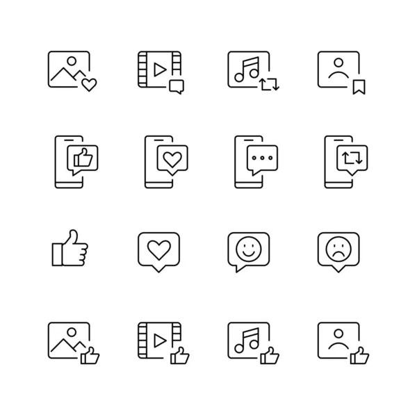 Social media interaction icons. Like, thumbs up, save, emoji, repost and share signs. Video, photo, user and messages. Pixel perfect, editable stroke. — Stok Vektör